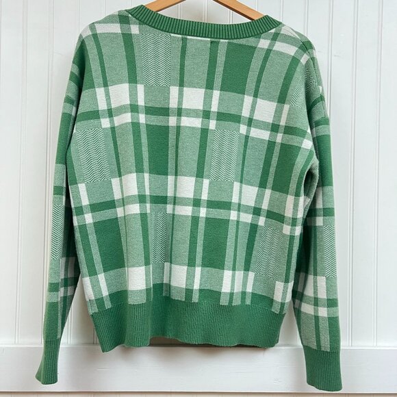 Christian Siriano Green White Plaid V-Neck Pullover Sweater Womens Large - Picture 3 of 9